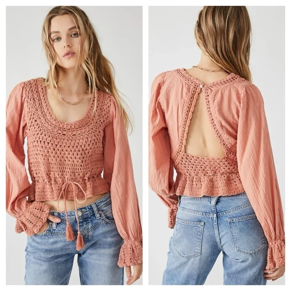 Free People Women's Megan Crochet Top, Coral Sand, Pink size XS NWT